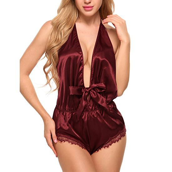 Bộ jumpsuit ngủ cổ V khoét sâu hở lưng và viền ren quyến rũ cho nữ | BigBuy360 - bigbuy360.vn
