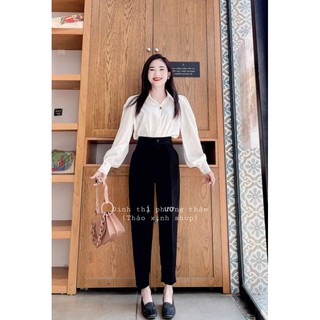áo sơ mi lụa bóng tay bồng, quần baggy đen basic công sở
