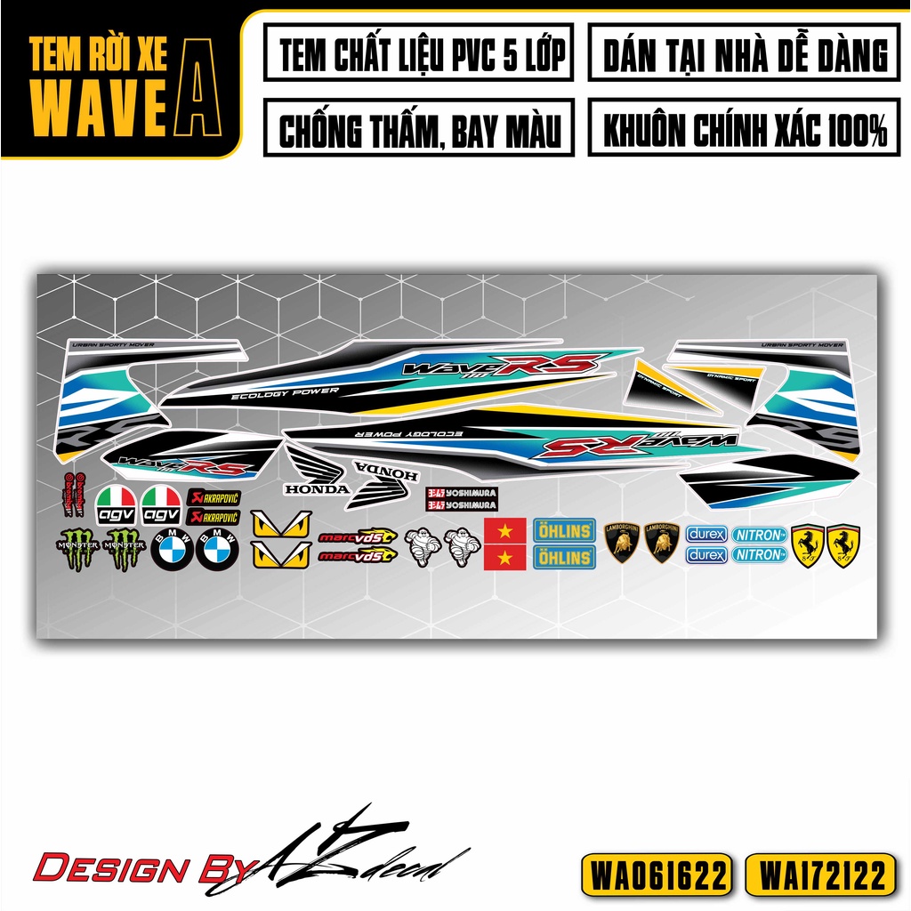 Tem Rời Dán Wave A Mẫu RS100 | WA22 | Decal Chế Xe Máy Wave Alpha 110 100 Chống Nước, Bền Màu