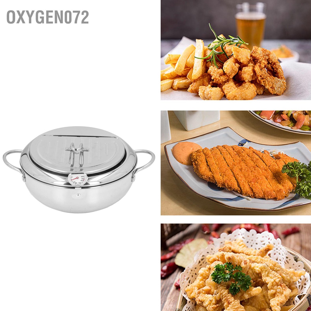 Oxygen072 Nồi chiên không gỉ Tempura nhỏ của Nhật Bản sâu bằng thép có ngăn thoát dầu kiểm soát nhiệt độ cho cá gà kiểu Pháp