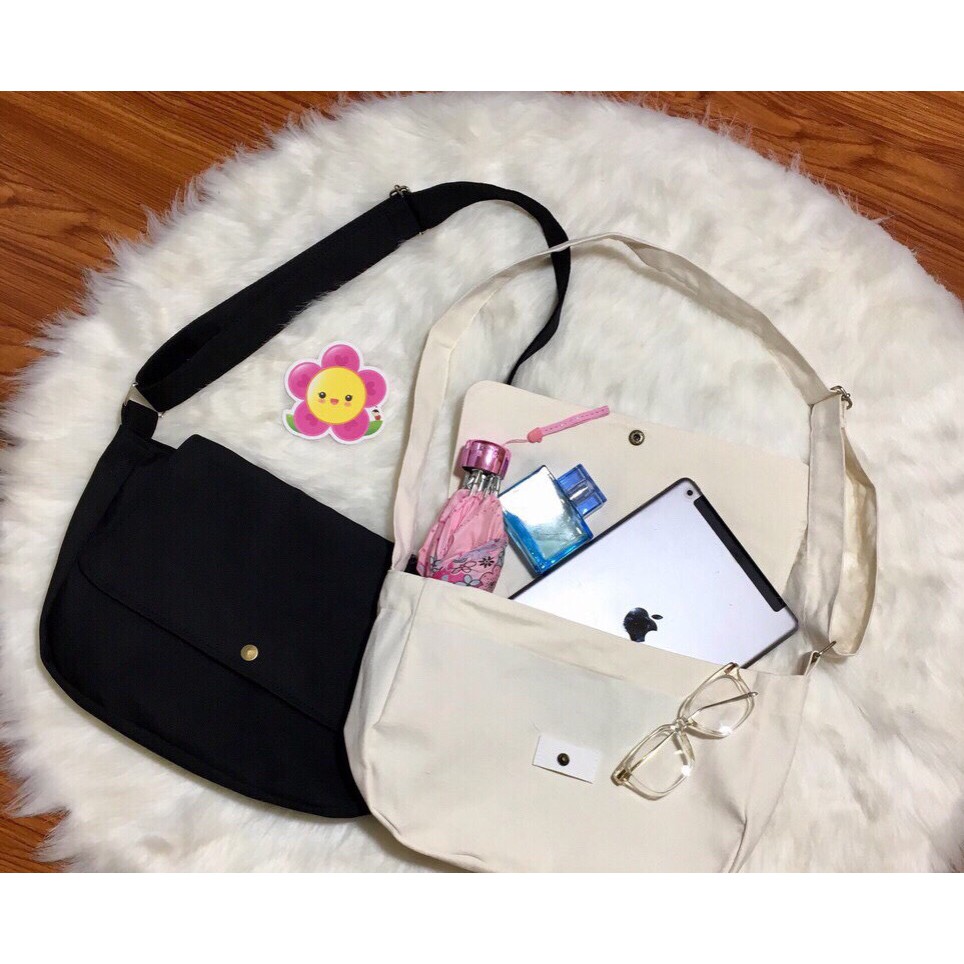 TÚI TOTE ĐEO CHÉO UNISEX NAM NỮ - VẢI DỆT CANVAS [ CÓ TÚI CON] MÀU BE - ĐEN - PHONG CÁCH ULZZANG