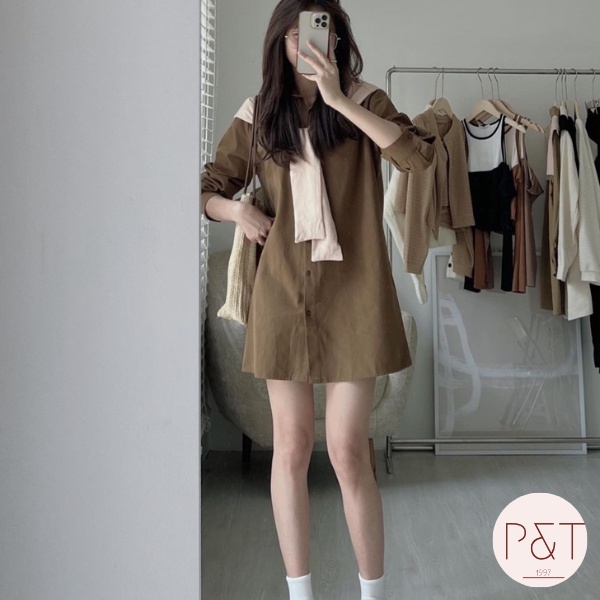 Váy sơ mi kèm khăn basic, đầm sơ mi tay dài kèm khăn thời trang
