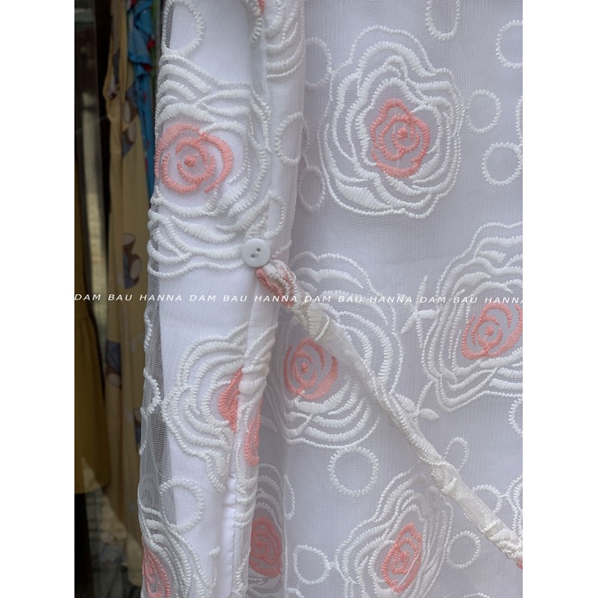 [HANNA] Đầm bầu ren đi tiệc giá rẻ có size 80kg dài qua gối sang lịch sự vải mát 2 lớp có túi bên sườn có dây nơ cột sau