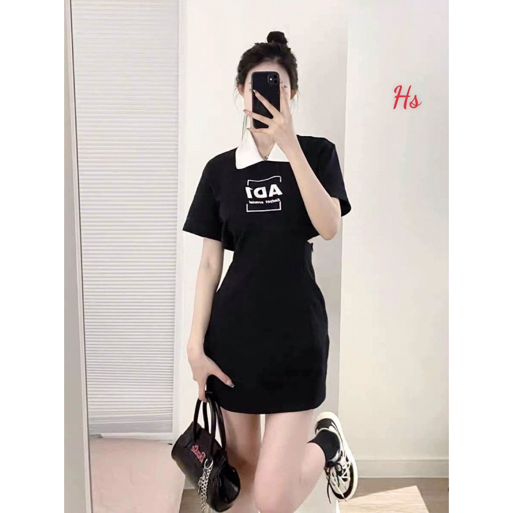 Váy body polo AD1 cổ trắng hở lưng sexy, chất cotton, Rosyhana