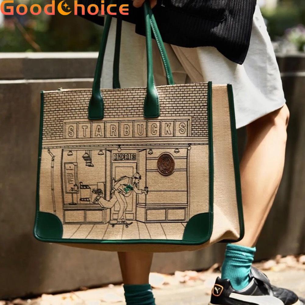 STARBUCKS Túi Tote Canvas Dung Tích Lớn In Hình Starbuck Kỉ Niệm 50 Năm
