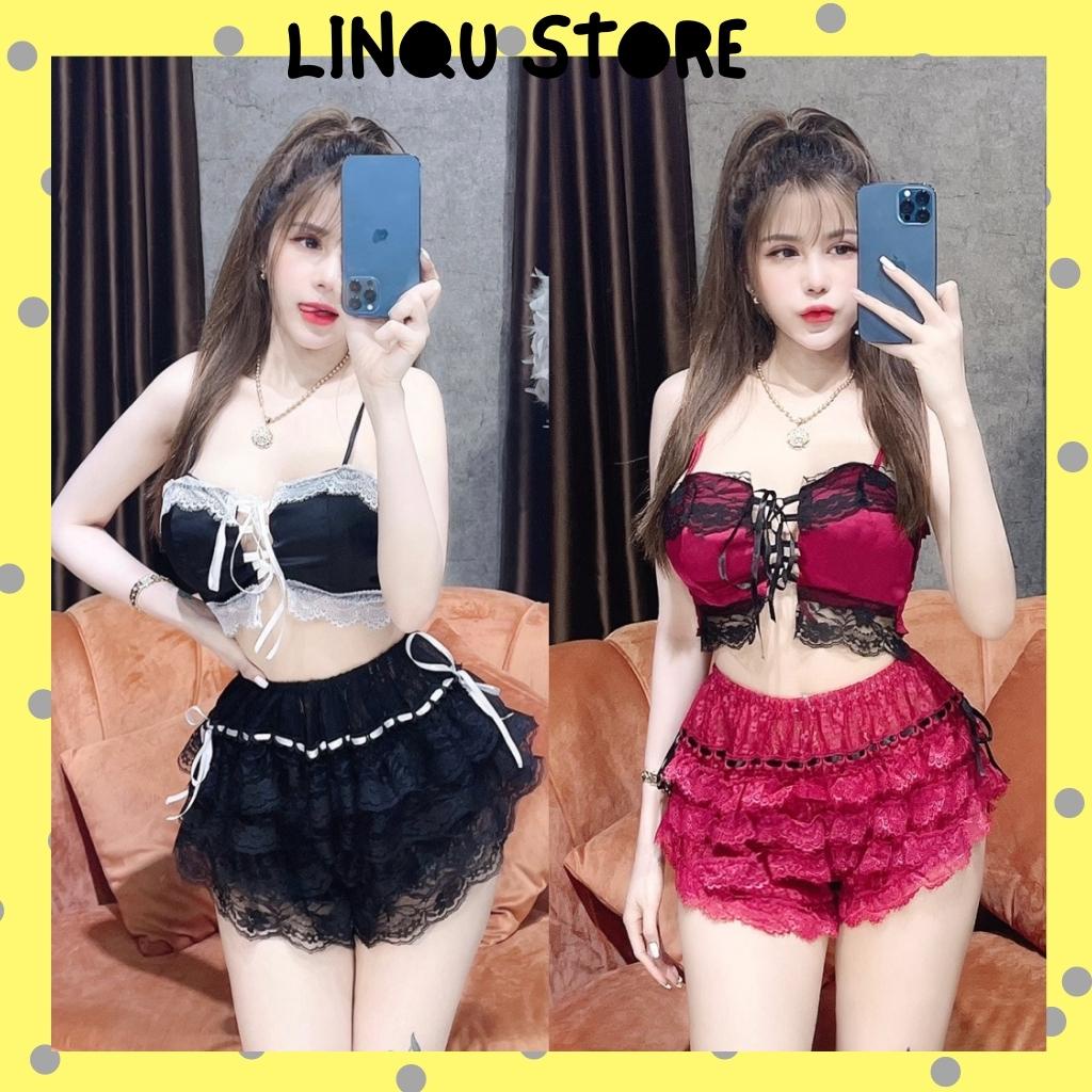 Đồ Ngủ Sexy 2 Dây Áo Có Mút, Quần Ren Siêu Gợi Cảm Freesize &lt;55kg - Linqustore