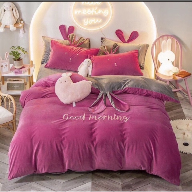 bộ chăn ga gối nỉ nhung tai thỏ cao cấp