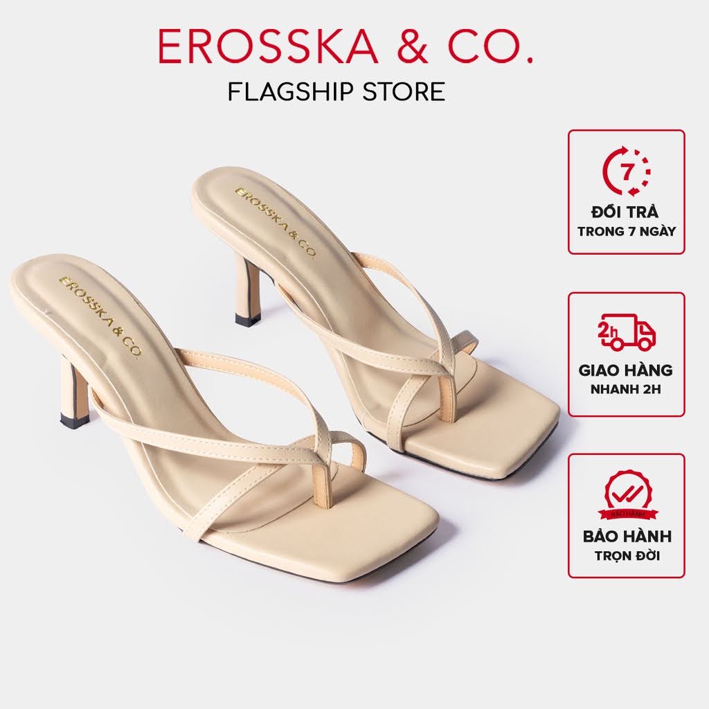 Dép cao gót Erosska 2022 mũi vuông xỏ ngón phối dây cao 7cm màu nude _ EM060