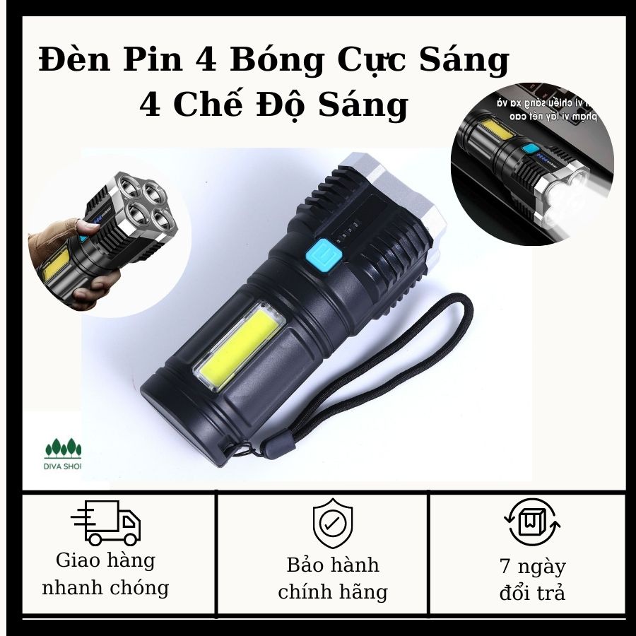 Đèn Pin Cầm Tay Siêu Sáng 4 Bóng Chiếu Sáng Khoảng Cách Xa 200M Chế Độ Điều Chỉnh Ánh Sáng Đa Dạng Tiện Dụng