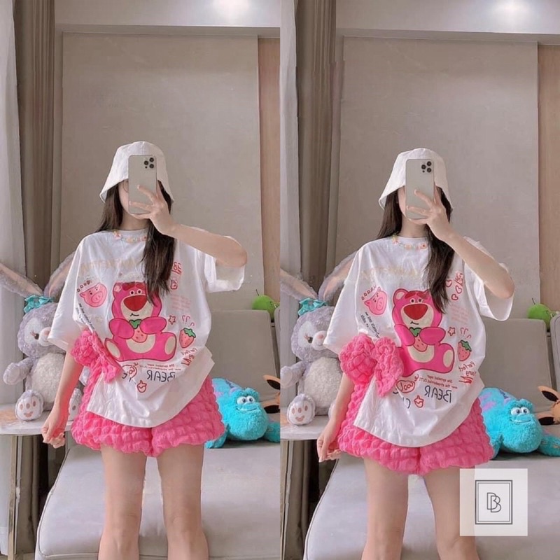 (Free Ship) SÉT BỘ ÁO THUN COTTON IN HÌNH GẤU DỄ THƯƠNG PHỐI QUẦN XỐP Ô VUÔNG CỰC HOT UP Shop VLTN