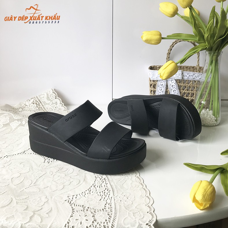 Dép Cross Đế Cao Brooklyn Mid Wedge Màu Đen