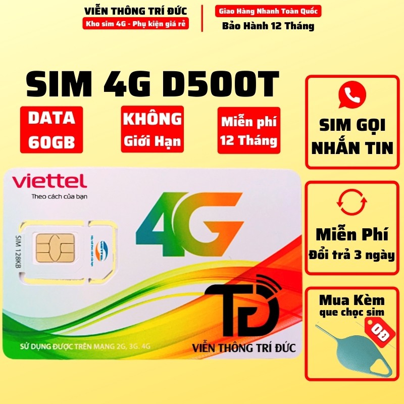 Sim 4G Viettel D500 / D500T (Sim Nghe Gọi) Data 60Gb Trọn Gói Cả Năm Không Cần Nạp Tiền - Sim không giới hạn dung lượng