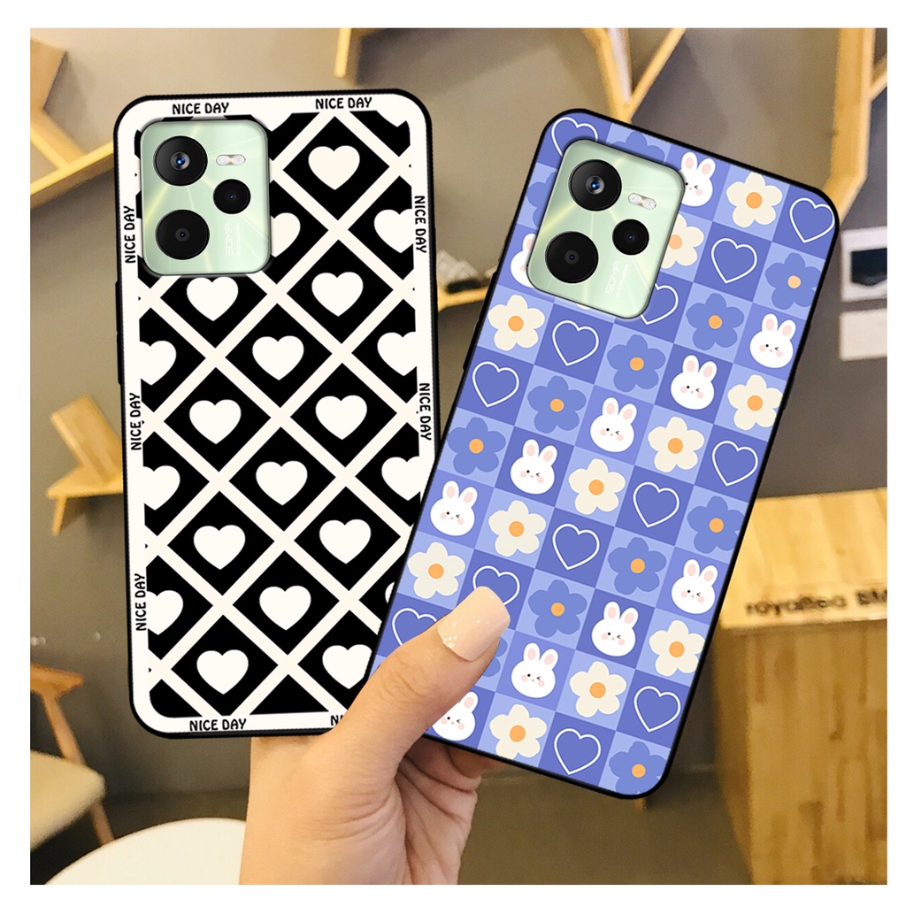 Ốp lưng Realme C35 in hoạ tiết caro trái tim đen trắng, gấu bear cute đáng yêu