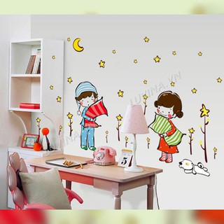 [ĐƠN 200K TẶNG QUÀ SIÊU YÊU]-Decal dán tường LUVINA trang trí phòng khách, phòng ăn, phòng ngủ - Hai bé chúc ngủ ngon