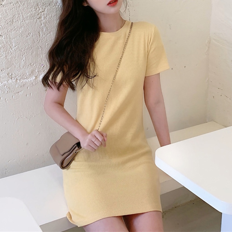Đầm Mini Cổ Tròn Tay Ngắn Màu Sắc Đơn Giản Thời Trang Mùa Hè Cho Nữ