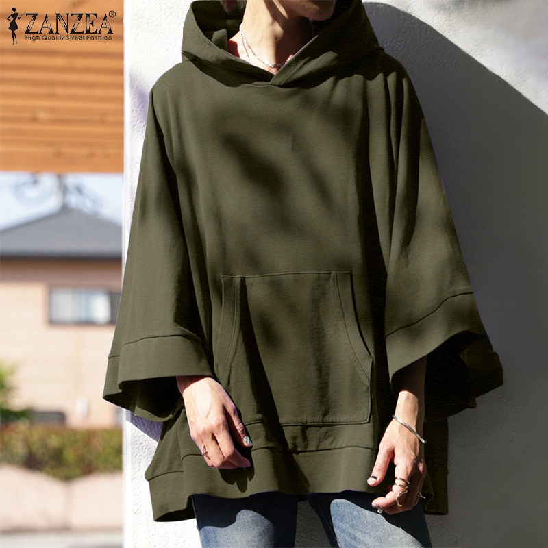 Áo hoodie ZANZEA màu trơn tay áo rộng phối túi mặt trước thời trang mùa đông cho nữ