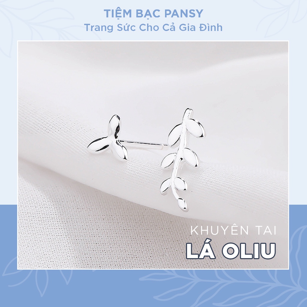Bông tai bạc chốt thẳng hình lá Oliu, Khuyên tai bạc Pansy hình chiếc lá Oliu dễ thương