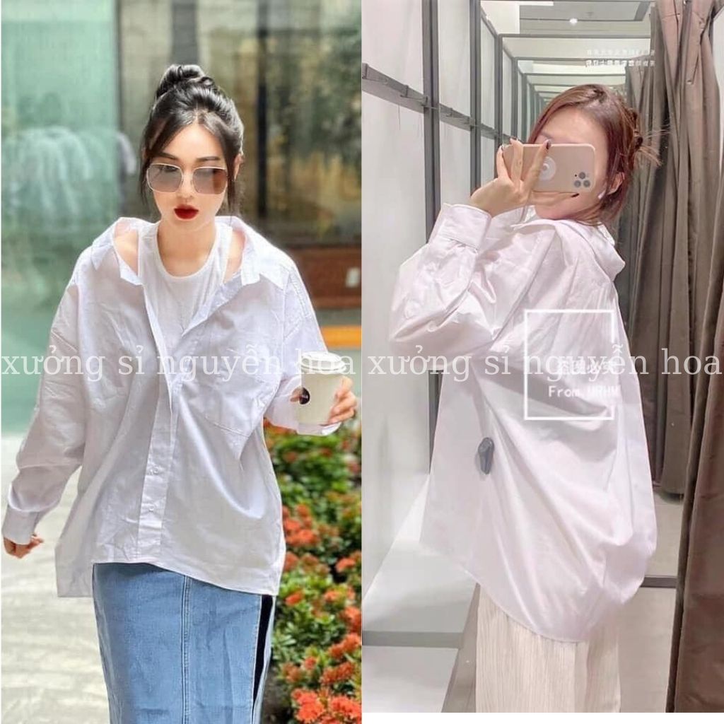 Áo sơ mi nữ trắng dài tay túi ngực kèm áo 3 lỗ phong cách sexy trẻ trung năng động Xưởng Sỉ Nguyễn Hoa