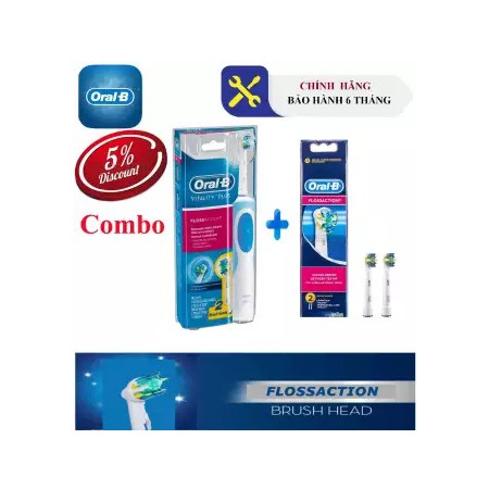 Combo Bàn chải đánh răng Oral-B Flossaction (Bảo hành 6 tháng) + Bộ 2 đầu Oral-B Flossaction