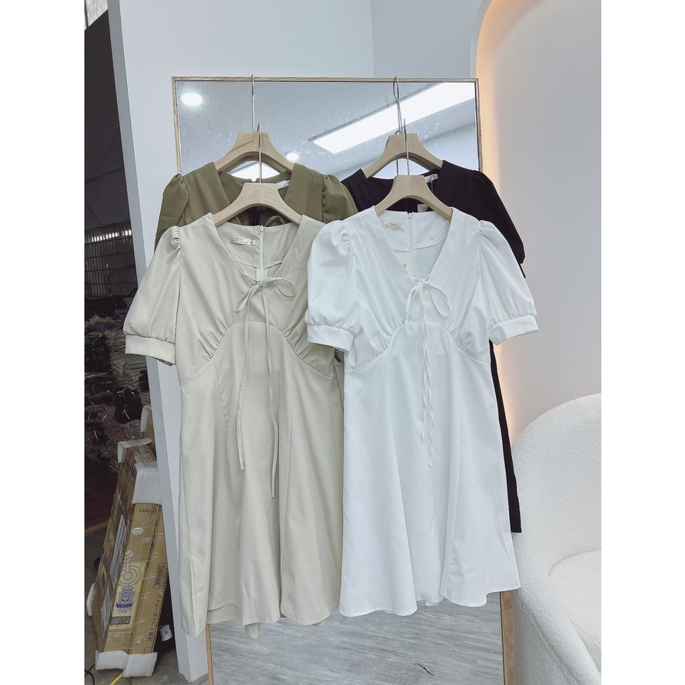 Váy thiết kế tay bồng cổ v, váy maxi nơ ngực Hàn Quốc