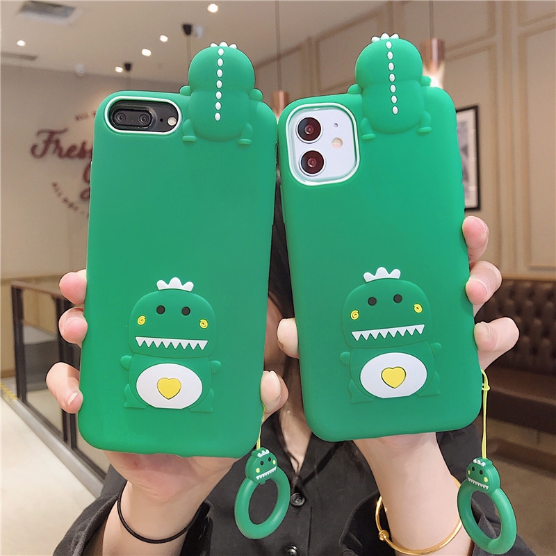 Ốp điện thoại silicon mềm chống sốc hình khủng long 3D có dây đeo cho iPhone 11 Pro Max iPhone 4 4s 5 5s SE 6 6s 7 8 Plus XR Xs Max