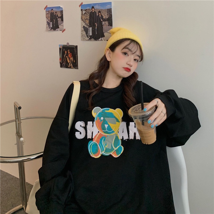 Áo thun nỉ ZHELIHANGFEI tay dài dáng rộng in hình gấu đáng yêu