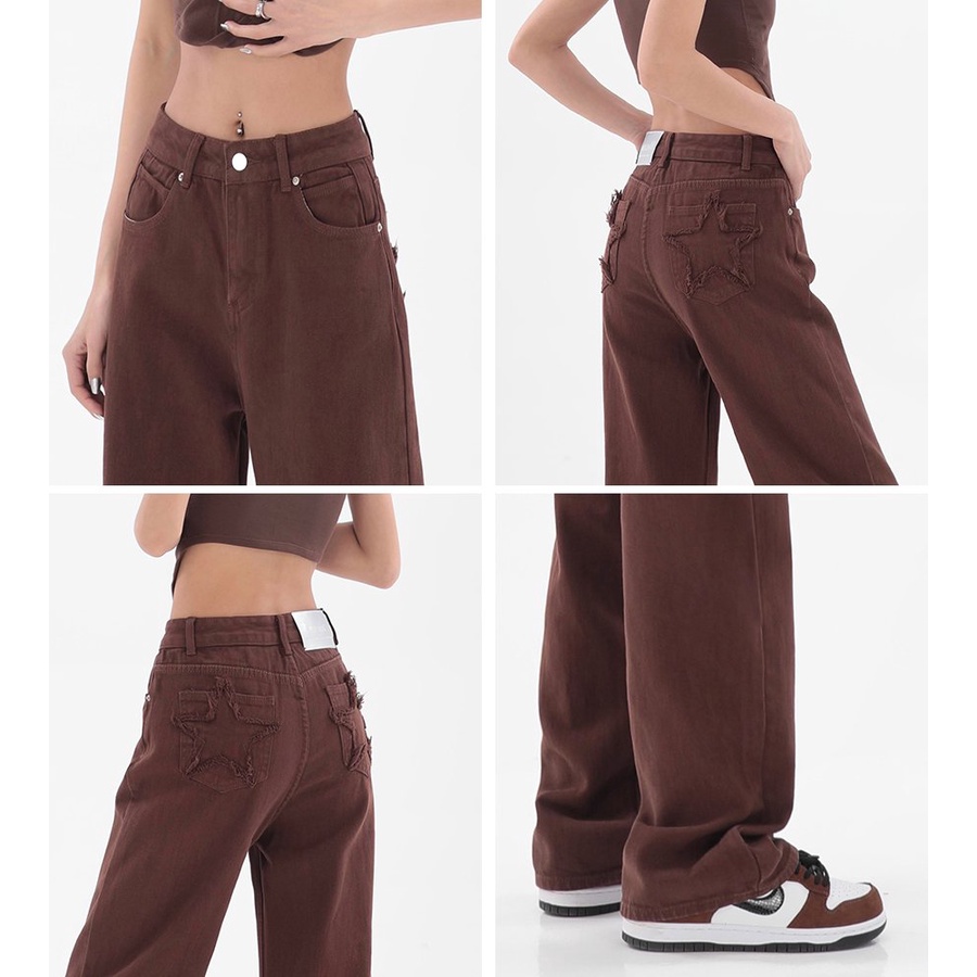 Quần jeans nâu cạp cao, quần jeans nữ dài ống rộng phong cách_j27