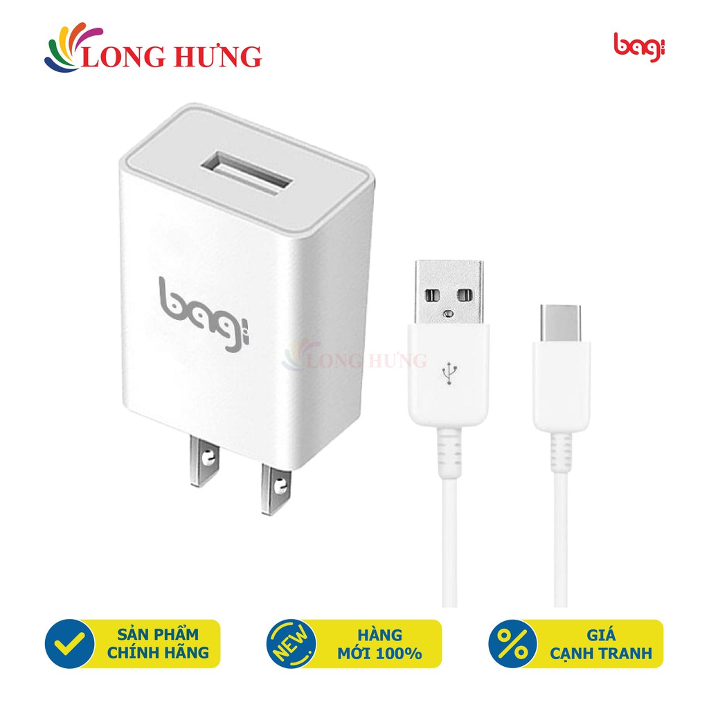 Combo cốc sạc Bagi 2A 1USB + Cáp USB Type-C 2.0 1.2m CB-C52n - Hàng chính hãng