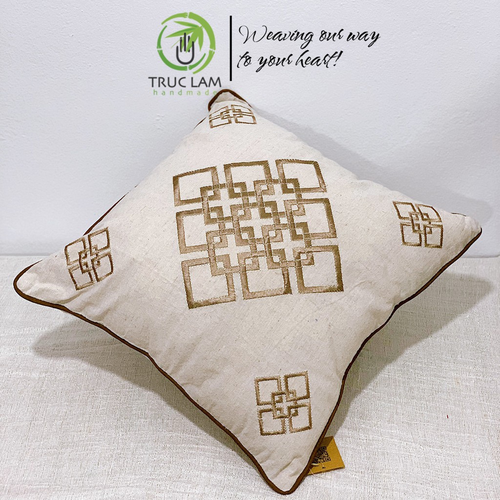 Gối/Vỏ Gối Vuông Tựa Lưng Sofa (45x45) Trang Trí Phòng  Vải Linen Thêu Thủ Công Hình Ô Vuông Kép - Trúc Lâm Handmade