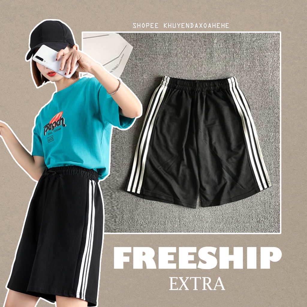 Q006 Quần đùi đen nam nữ 3 vạch ống rộng cạp chun dây rút ulzzang, quần short thun co giãn thể thao unisex
