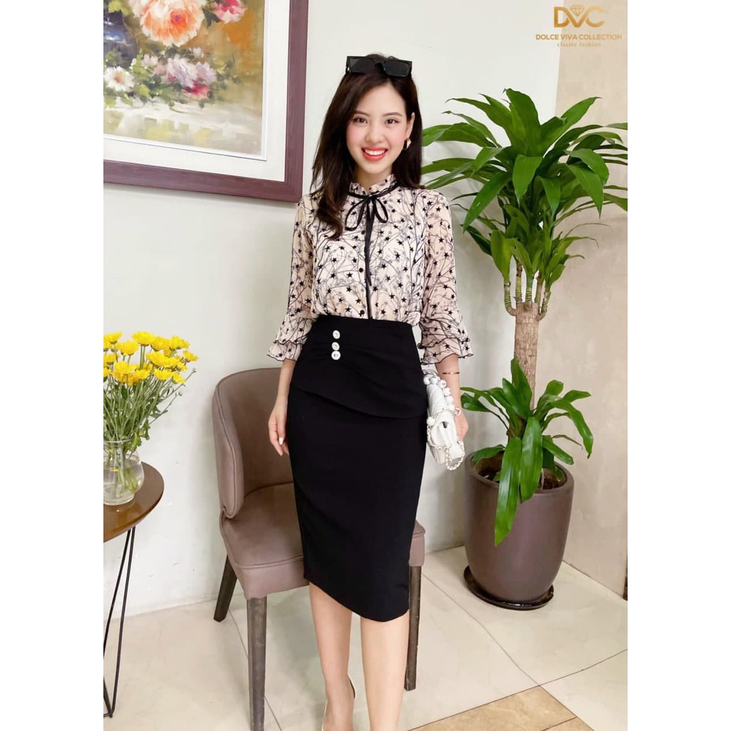 Set thiết kế áo cổ tròn bèo kết hợp chân váy bút chì thanh lịch S1992_Daly Fashion [Kèm ảnh thật]