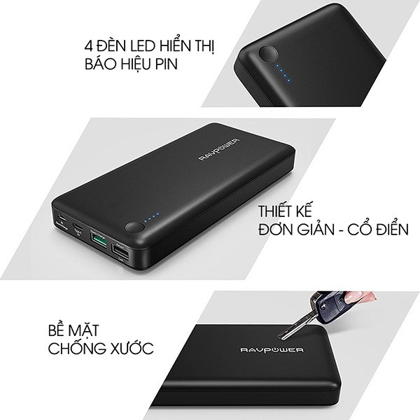 [Mã 159ELSALE hoàn 7% đơn 300K] Pin sạc dự phòng RAVPower RP-PB043 20100mAh QC 3.0 18W & USB-C 5V/3A (In/Out)