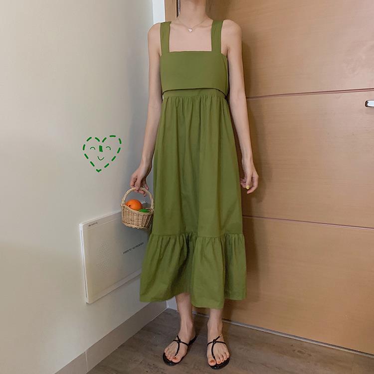 Đầm Dài Qua Gối Hai Dây Thắt Nơ Lưng Phong Cách Hàn Quốc Dành Cho Nữ