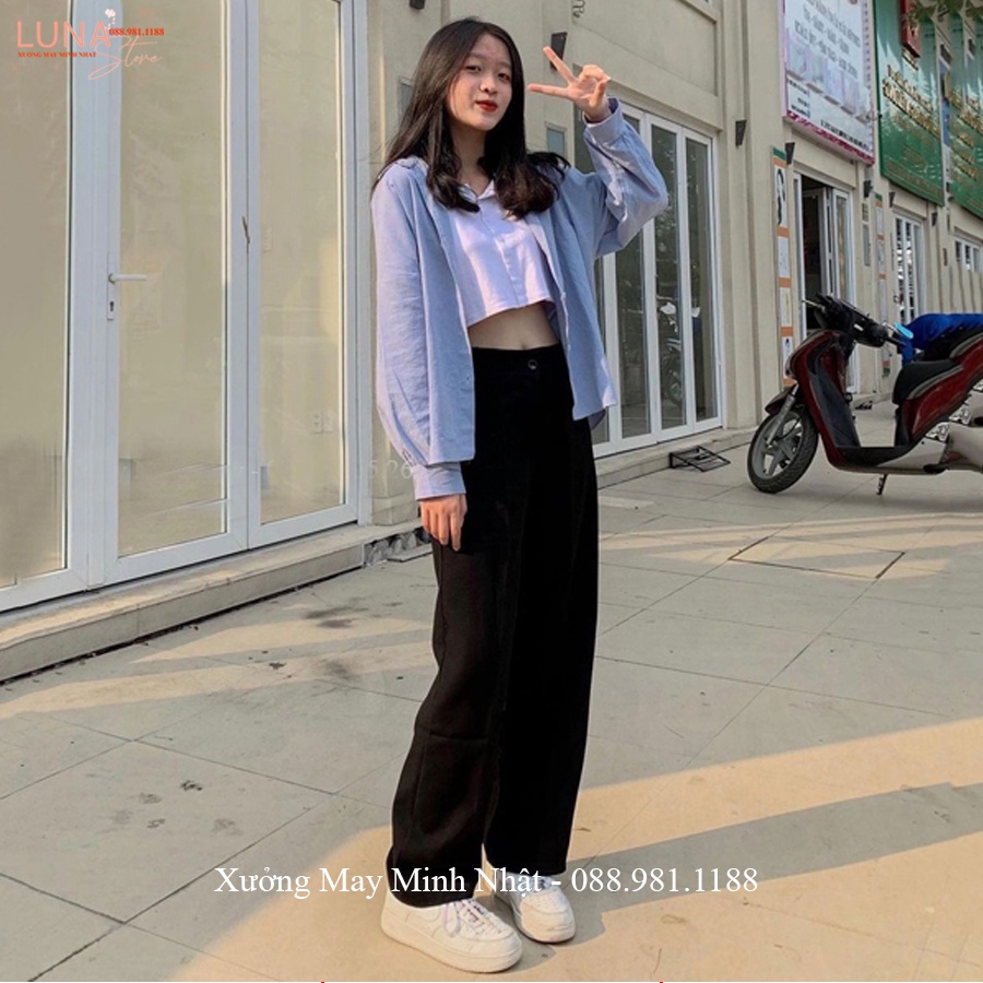 Quần tây ống rộng nữ đi học dài 100cm cạp lưng cao màu Đen dáng quần ống rộng lưng cao khóa trước vải tuyết mưa dày mềm