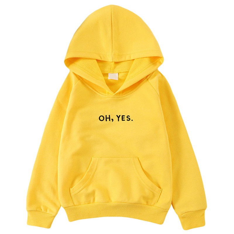 Áo hoodie dài tay in chữ "Oh,yes." màu trơn cho bé từ 2-8 tuổi