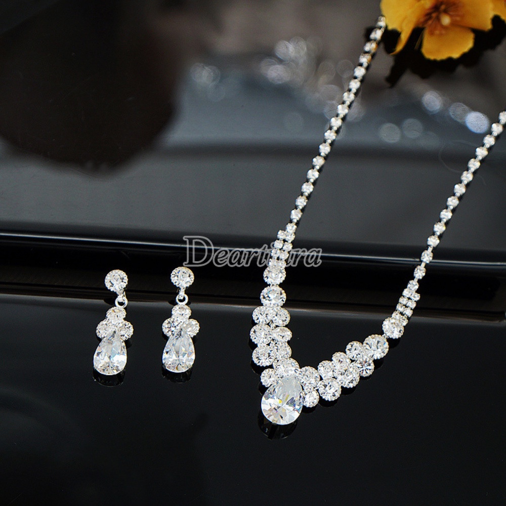 Bộ Vòng cổ + Bông Tai Đính Kim Cương Zircon Hình Giọt Nước Sáng Thời Trang