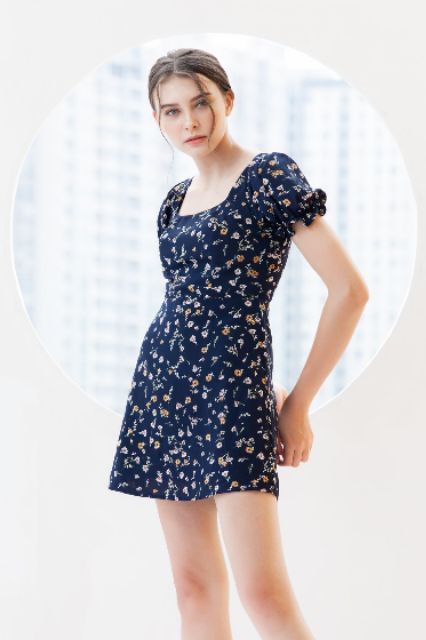 Đầm hoa xanh nhún tay kido