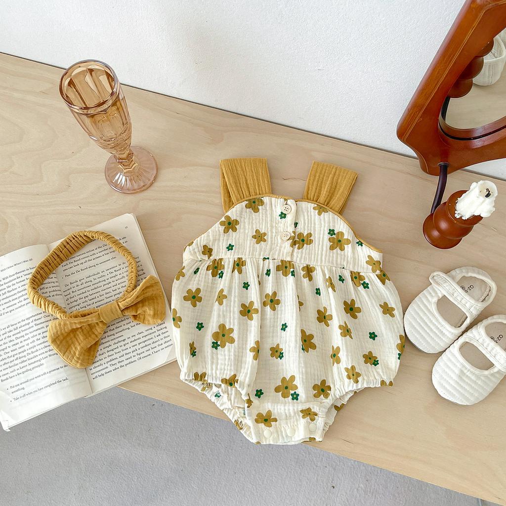 Set Áo liền quần Hoa + Băng Đô Cài Tóc Cho Bé Gái