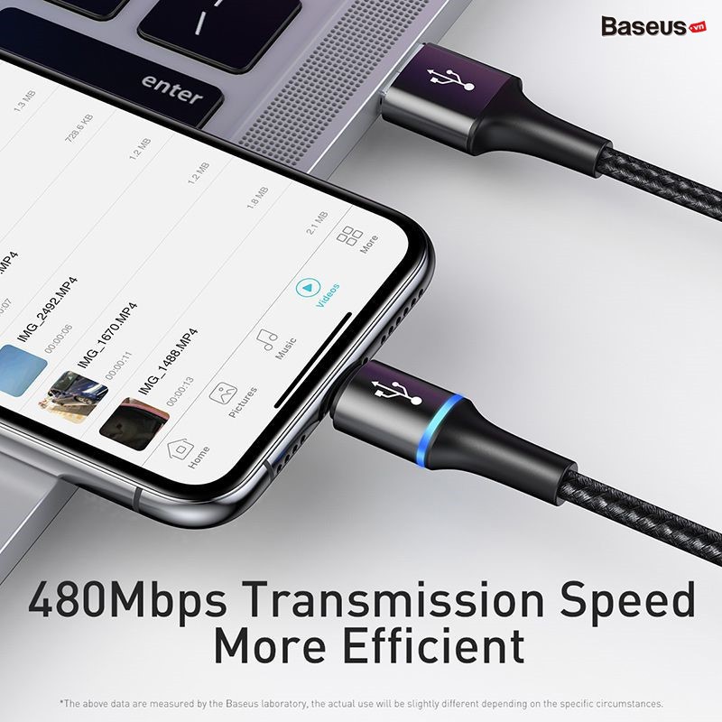 Cáp sạc BASEUS Halo Data USB to Lightning dành cho iPhone/iPad sạc nhanh  dây bọc dù, có đèn LED khi sạc
