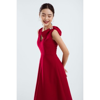Đầm Cổ V Phối Nơ Màu Đỏ EDINI - D1186