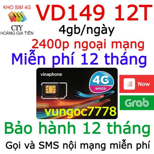 [XÀI ĐỦ 12T] SIM VINA VD149 TẶNG 4GB/NGÀY VD89 VÀ ĐỈNH 60G 2GB/NGÀY GỌI MIỄN PHÍ VÀ KHÔNG CẦN NẠP TIỀN