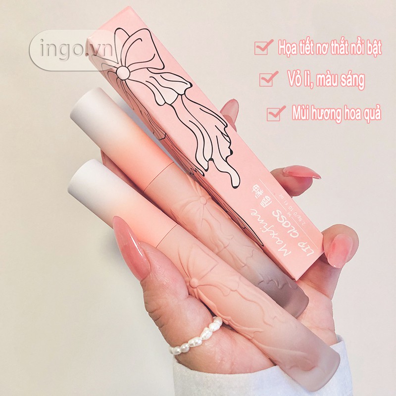 Son Kem Lì MAXFINE， Lip Gloss Lâu Trôi ,Mềm Mại Như Nhung , Vỏ Nơ hồng Mềm Mướt Mịn Lì