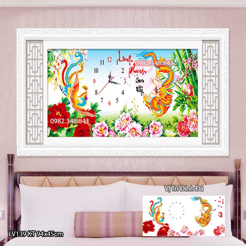 Tranh đính đá đồng hồ long phụng KT:94x45cm. Tranh gắn đá chưa gắn .