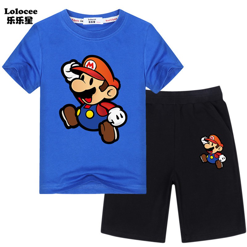 Bộ 2 Món Áo Thun Tay Ngắn &amp; Quần ngắn thể thao Short In Hình Super Mario Cho Bé Trai