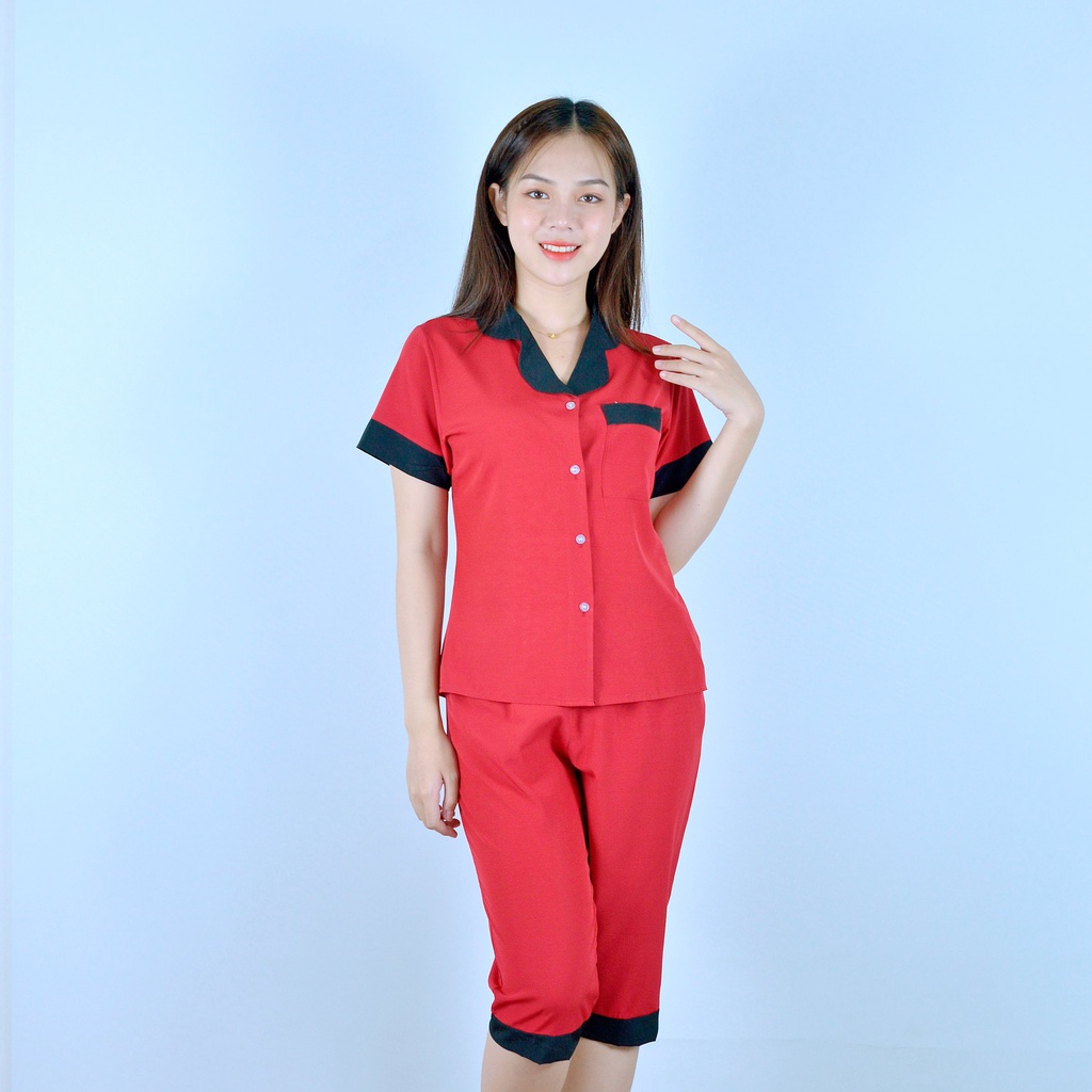 Bộ PIJIMA Nữ màu ĐỎ ĐÔ Chất Lụa Cao Cấp - Quần lửng tay ngắn pha cổ đen  - Nhẹ nhàng - Đằm thắm