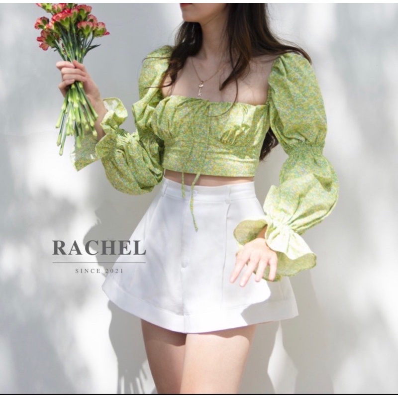 SET ÁO HOA XANH TAY KHÚC + QUẦN SHORT TRẮNG