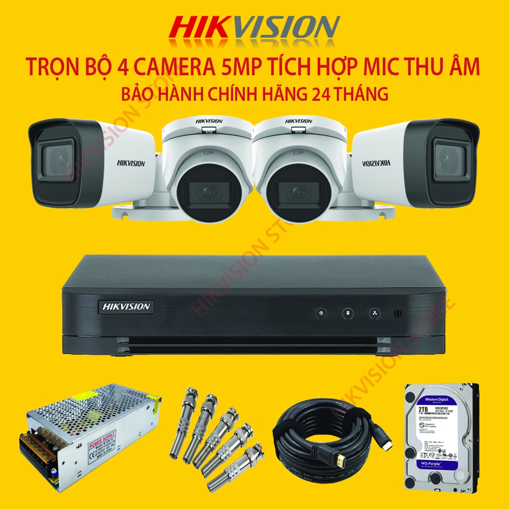 [ CAMERA 5MP MIC thu âm ] Trọn  Bộ Camera 4 Mắt Hikvision 5MP 2560 x 1944 bảo hành 24 tháng (FULL PHỤ KIỆN LẮP ĐẶT)