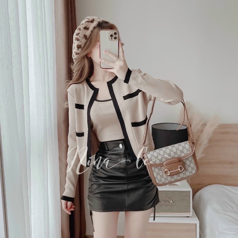 Áo len phối áo khoác viền + chân váy da rút mẫu chị Nina Lê ✨Shop Lotus✨