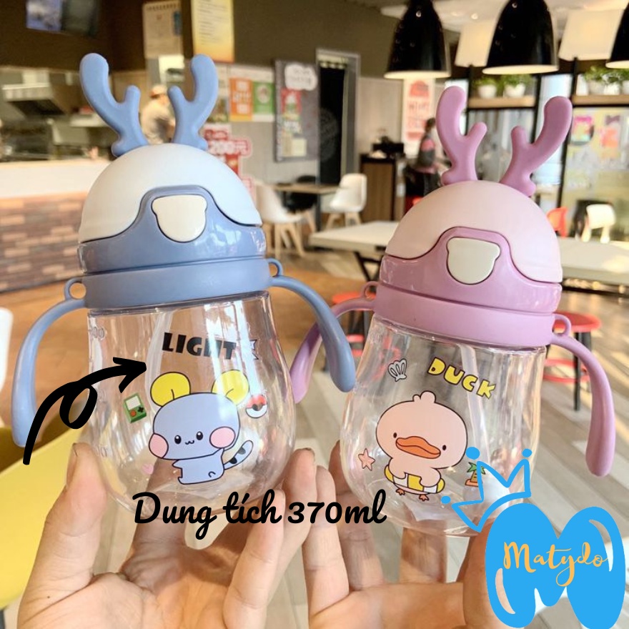 Bình nước cho bé hươu 370ml có quai đeo nắp bật ống hút mềm mại cao cấp chống sặc an toàn cho trẻ BN61