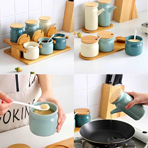 Hũ Đựng Gia Vị Khay Gỗ, Lọ Dung Tích 500ml Và Hũ Dung Tích 300ml, Chất Liệu Gốm Xứ Tiện Lợi, Chống Ẩm Mốc, Côn Trùng